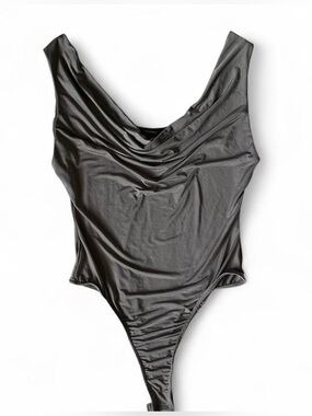 Satin Taupe Cowl Neck Bodysuit